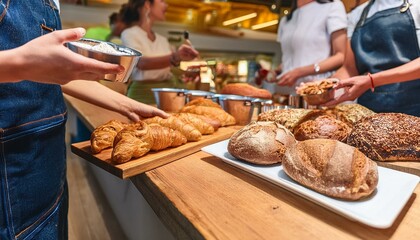 Diverse Bakery Staff Serving Fresh Artisan Breads