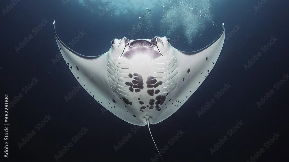 Poster   A manta ray glides through water, illuminating its backside