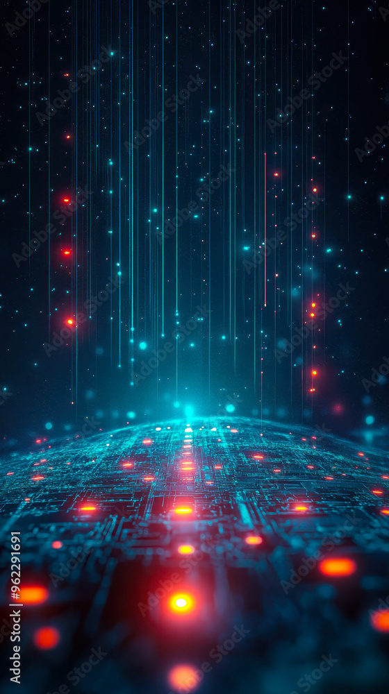 Poster futuristic abstract technological background with neon grid and digital data streams, innovation, an