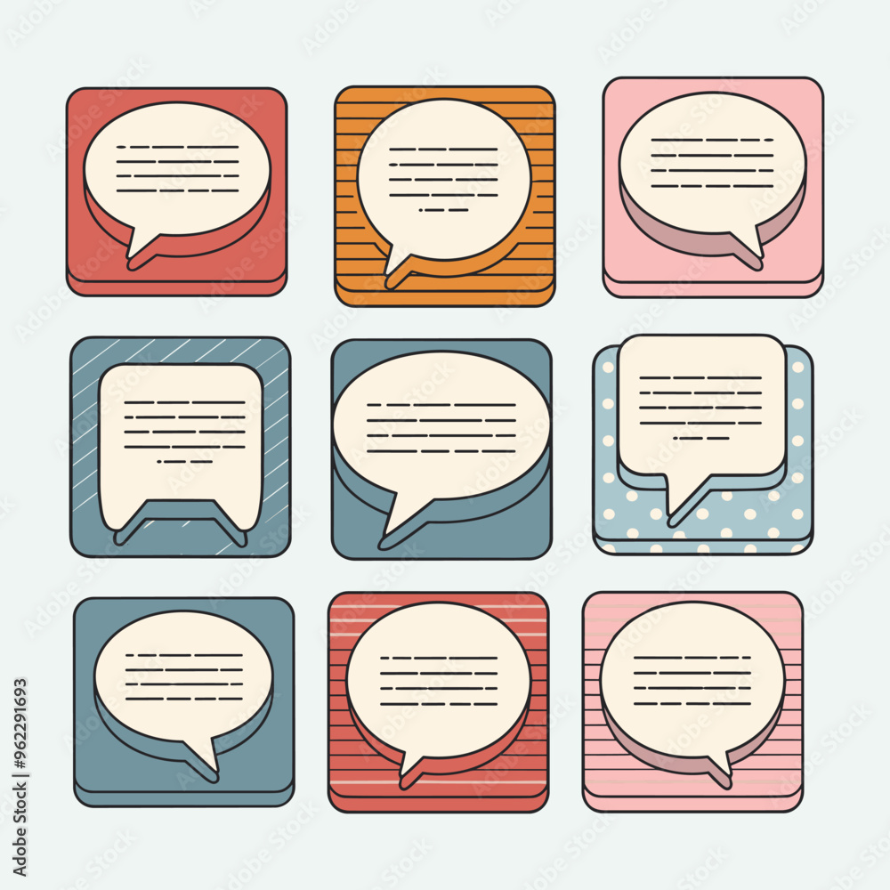 Poster colorful speech bubble icons on various patterned backgrounds, symbolizing communication and social 