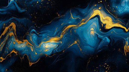 Fototapeta premium Elegant Luxury Abstract Fluid Art Painting in Blue, Black, and Gold with Swirling Patterns and Metallic Highlights - Contemporary Modern Art for Home Decor, Office Spaces, and Creative Design Projects