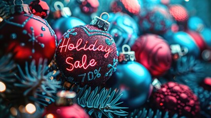 Festive holiday sale banner showcasing vibrant ornaments and decorations for a seasonal promotion