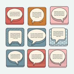 Colorful speech bubble icons on various patterned backgrounds, symbolizing communication and social interaction.