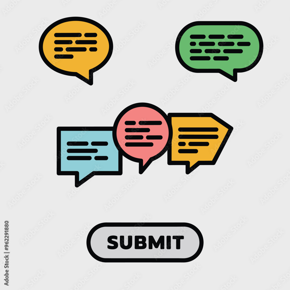 Poster colorful speech bubbles with text and a submit button in a minimalist design.