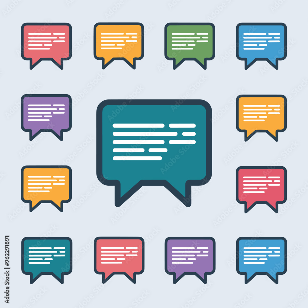 Aufkleber colorful speech bubbles with text icons in various colors on a light background.