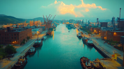 Obraz premium Industrial Cityscape with Harbor and Waterway under Dramatic Sky at Sunset; Ships Docked Along City Waterfront, Industrial Machinery, Tranquil Evening, Urban Landscape, Vibrant Dusk, Harborside View