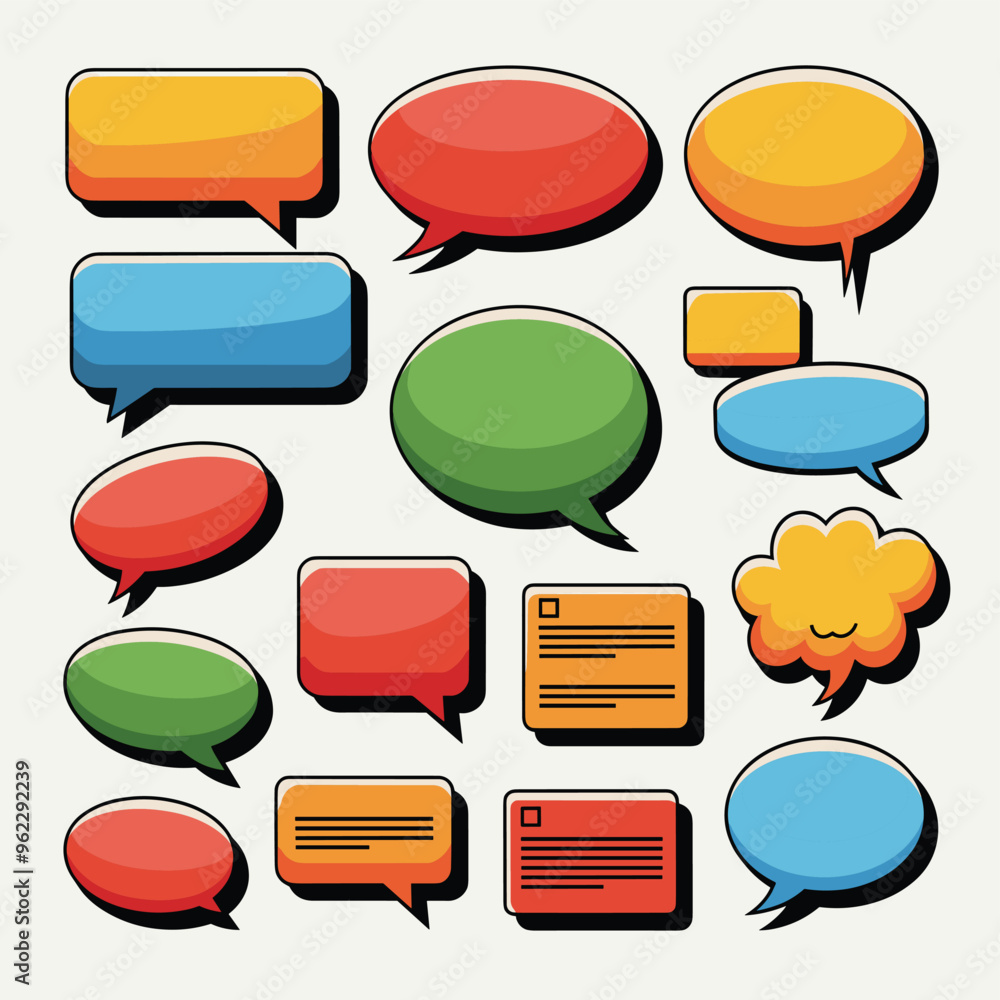 Poster colorful collection of various speech and thought bubbles in different shapes and sizes with a 3d ef
