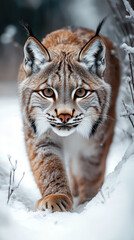 Obraz premium Majestic Lynx Stalking Through Snowy Winter Forest, Wildlife Photography Highlighting Solitude and Survival