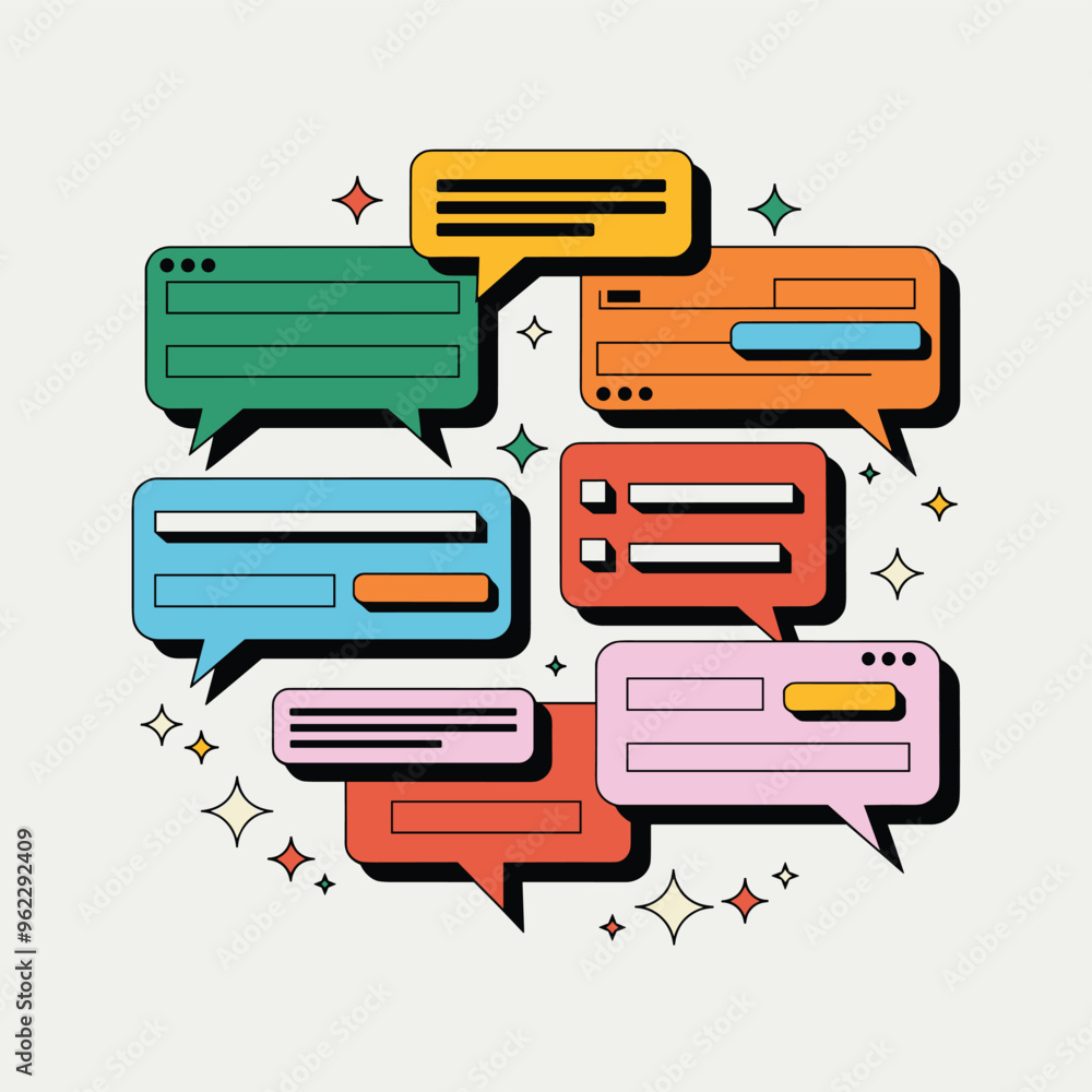 Poster colorful speech bubbles showing online communication and interaction with various shapes and sizes.