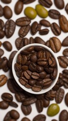 Fototapeta premium Coffee beans in a cup surrounded by a pile of beans.