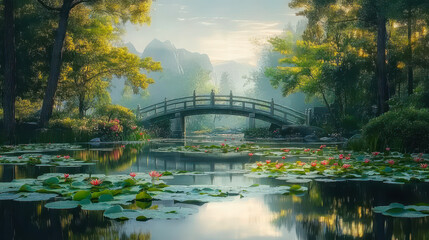 Fototapeta premium Scenic Lily Pad Pond with Arched Stone Bridge, Lush Greenery, and Lotus Flowers at Sunrise for Nature Serenity and Tranquil Landscape