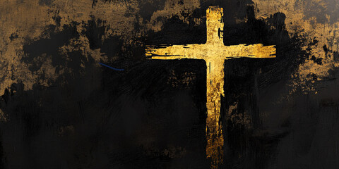 Fototapeta premium Golden cross on black and gold textured background. Abstract Christian background