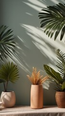 Obraz premium background product display with palm leaves shadow overlay.