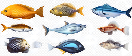 Obraz premium Set of Various Fishes Isolated on Transparent Background