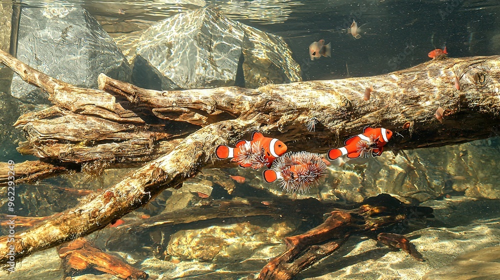 Poster   Clownfish swim near a large tree branch in a spacious rock-filled aquarium