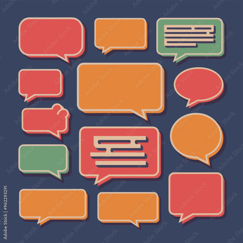 Poster colorful speech bubble set on a dark blue background featuring various shapes and sizes.