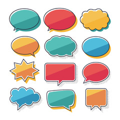 Colorful set of speech and thought bubbles in various shapes and sizes, perfect for comics or graphic design projects.