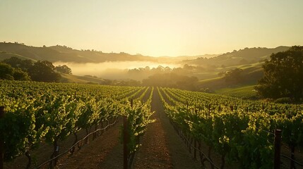 Naklejka premium Sunset over a vineyard with fog, trees, and hills