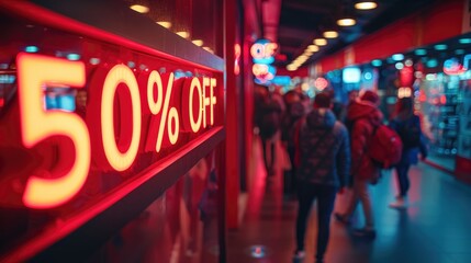 Bright neon sign displaying sale discount in a bustling shopping arcade during evening hours