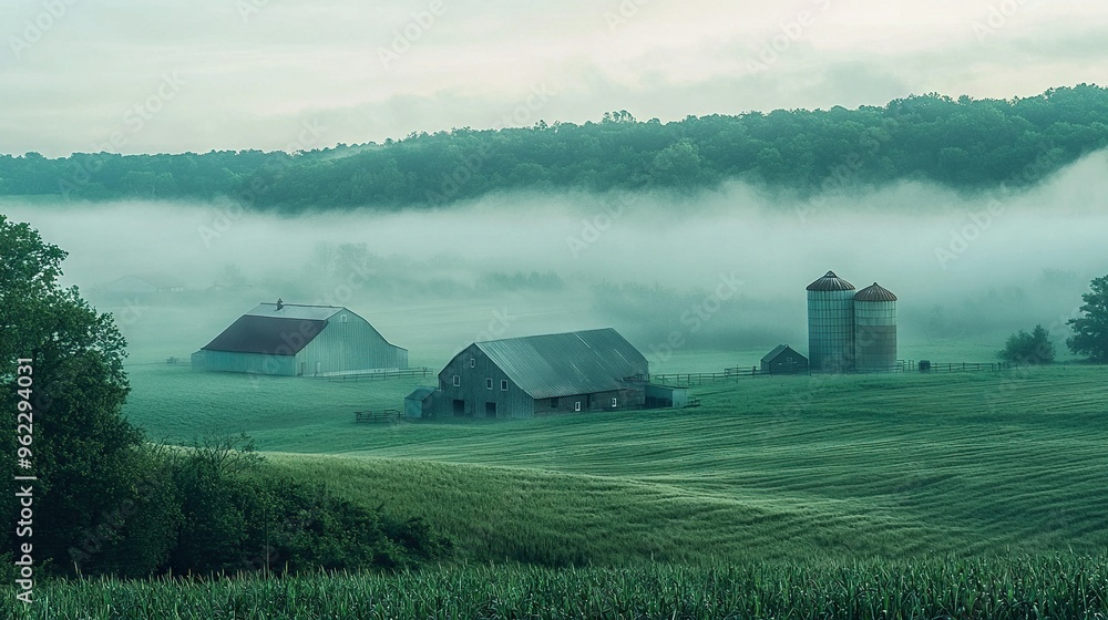 Canvas Prints   A murky scenery featuring a barn and silhouettes against the backdrop of towering trees