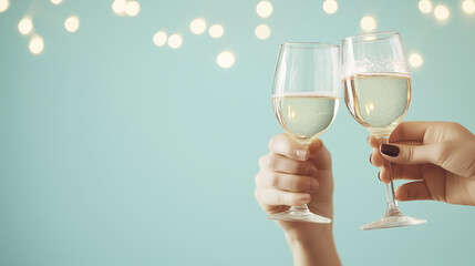 Obraz premium Two hands clinking champagne glasses against festive blue bokeh background 