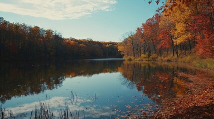 Fototapeta premium Water encircled by trees & leaves, above is blue sky w/ clouds