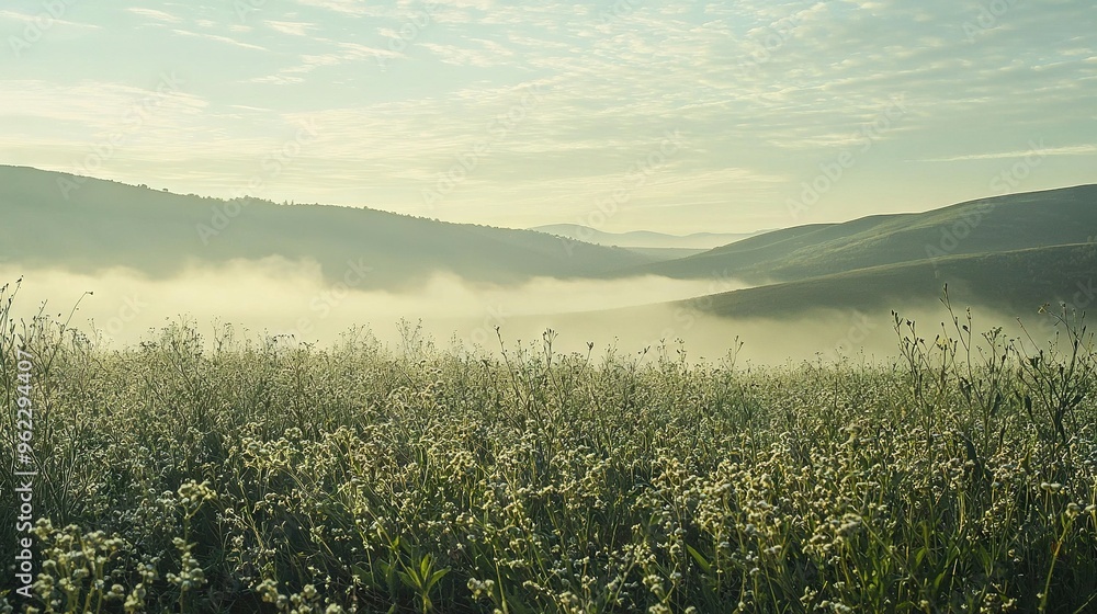 Poster   A field of flowers in the foreground against mountains in the background during a foggy day while some clouds dotted the sky