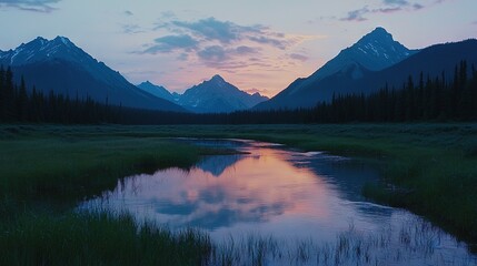   A river flows through a verdant meadow beside a dense forest of tall blades of grass, and majestic mountains can be seen in the distance