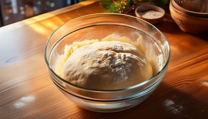 Fototapeta premium Warm-lit Festive Bread Dough Rising in Glass Bowl on Wooden Table