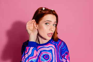 Photo portrait of pretty young girl listen news secret cover ear wear trendy blue colorful outfit...