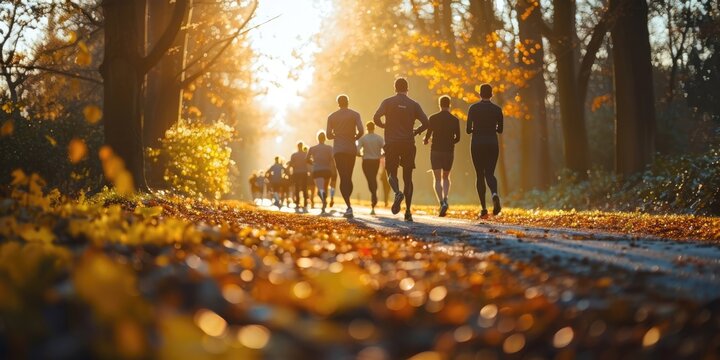 Runners compete in an autumn marathon on a sunlit forest path during the late afternoon