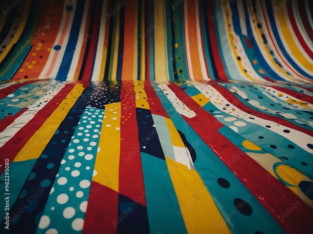 Poster a colorful abstract pattern with playful polka dots and stripes.