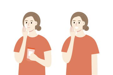 Fototapeta premium Woman applying lotion cream on face. Happy woman with smooth clean skin. Beauty, cosmetic, skincare, treatment, lifestyle, cleansing, hygiene concept. Flat character vector design illustration. 