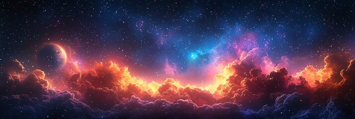 Fototapeta premium Futuristic space scene colorful nebulae and planets in a starfilled sky