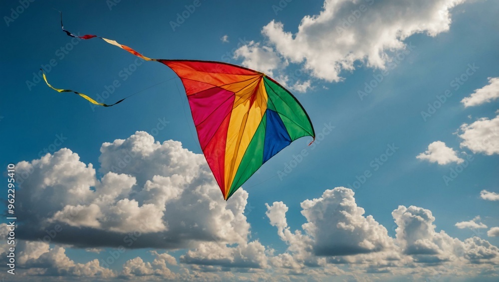 Poster A colorful kite flying high, symbolizing freedom and fun on a breezy day.