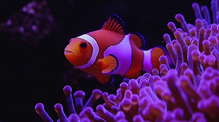   An orange and white clownfish in a purple sea anemone in a coral sea anemone, an anemone anemone anemone, anemone anem