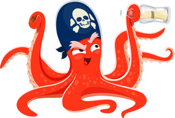 Cartoon octopus animal pirate corsair character wearing bandana with a skull emblem, holding a message in a bottle with a mischievous expression. Vector funny kraken ready for a nautical adventure