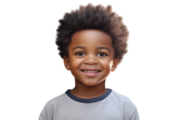 Young black boy smiling on transparent background. PNG cut out. Vector. Childhood themes. African boy. Afro-American boy. Image for graphic designer. Image for flyers.