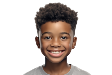 Young black boy smiling on transparent background. PNG cut out. Vector. Childhood themes. African boy. Afro-American boy. Image for graphic designer. Image for flyers.