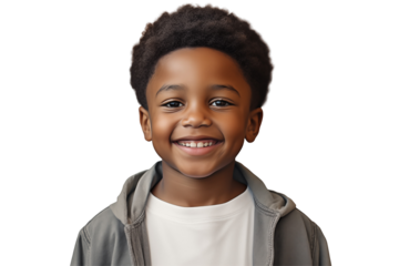 Young black boy smiling on transparent background. PNG cut out. Vector. Childhood themes. African boy. Afro-American boy. Image for graphic designer. Image for flyers.