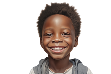 Young black boy smiling on transparent background. PNG cut out. Vector. Childhood themes. African boy. Afro-American boy. Image for graphic designer. Image for flyers.
