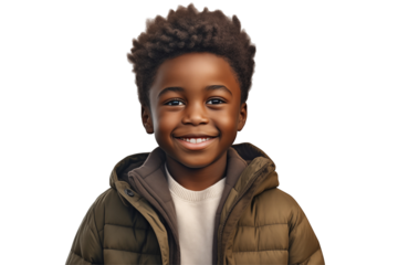 Young black boy smiling on transparent background. PNG cut out. Vector. Childhood themes. African boy. Afro-American boy. Image for graphic designer. Image for flyers.