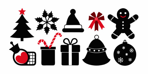 set of icons with Christmas decorations. Christmas Vector Icon Set, Background, Black, Isolated on white background