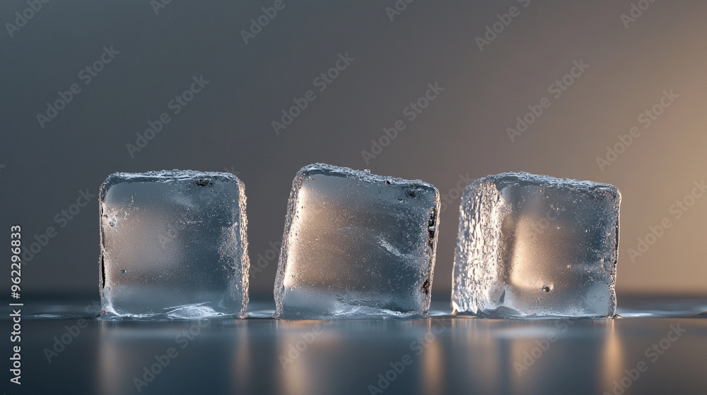 Poster three clear ice cubes melting on a reflective surface with soft light highlighting their features du