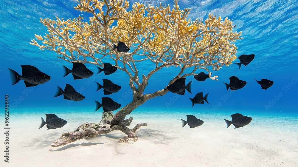 Wall mural   A school of fish swimming near a tree on a sandy seabed, with a vibrant coral in the foreground and deep blue water behind