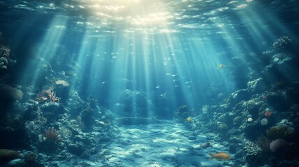 Fototapeta premium Sunlight shines through the blue water illuminating an underwater coral reef scene with colorful fish and rock formations.