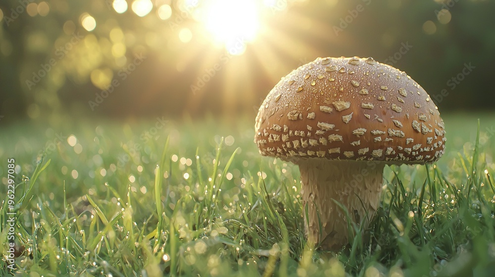 Wall mural   A close-up shot of a mushroom amidst tall grass, bathed in sunlight filtering through the surrounding trees