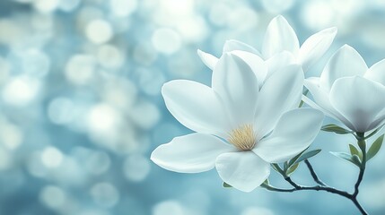 A soft, abstract background featuring white flowers with gentle colors and bokeh effect, creating an elegant and clean aesthetic