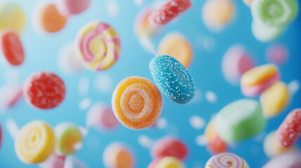 Colorful swirling candies suspended in mid-air against a vibrant blue background, creating a whimsical and playful atmosphere