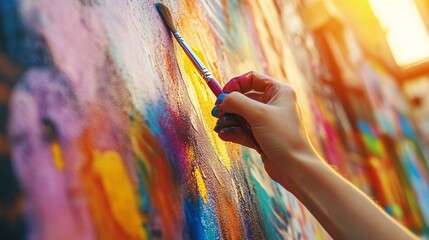 Artist creating a vibrant abstract mural on a wall with a paintbrush